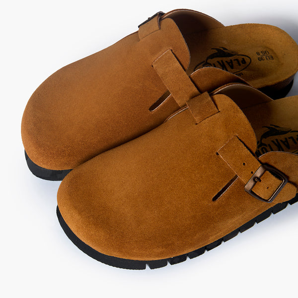 Plakton Clog - Bogey Dark Tan Suede – Plakton Footwear