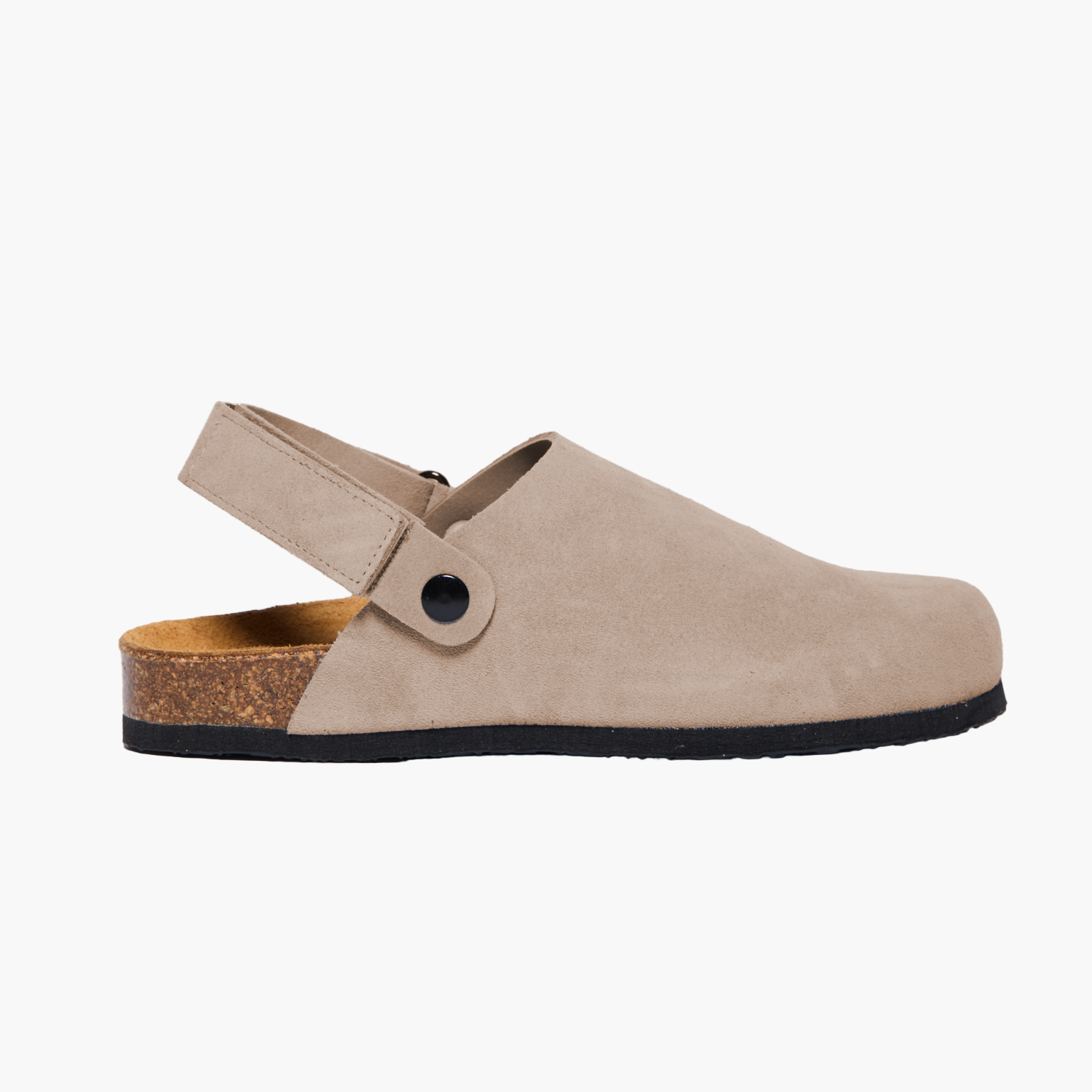 Taupe Gray suede clog with cork sole and adjustable back velcro strap, displayed on a white background.