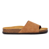 A soft orange sandal with a cork sole and an open toe box, made of nubuck leather.