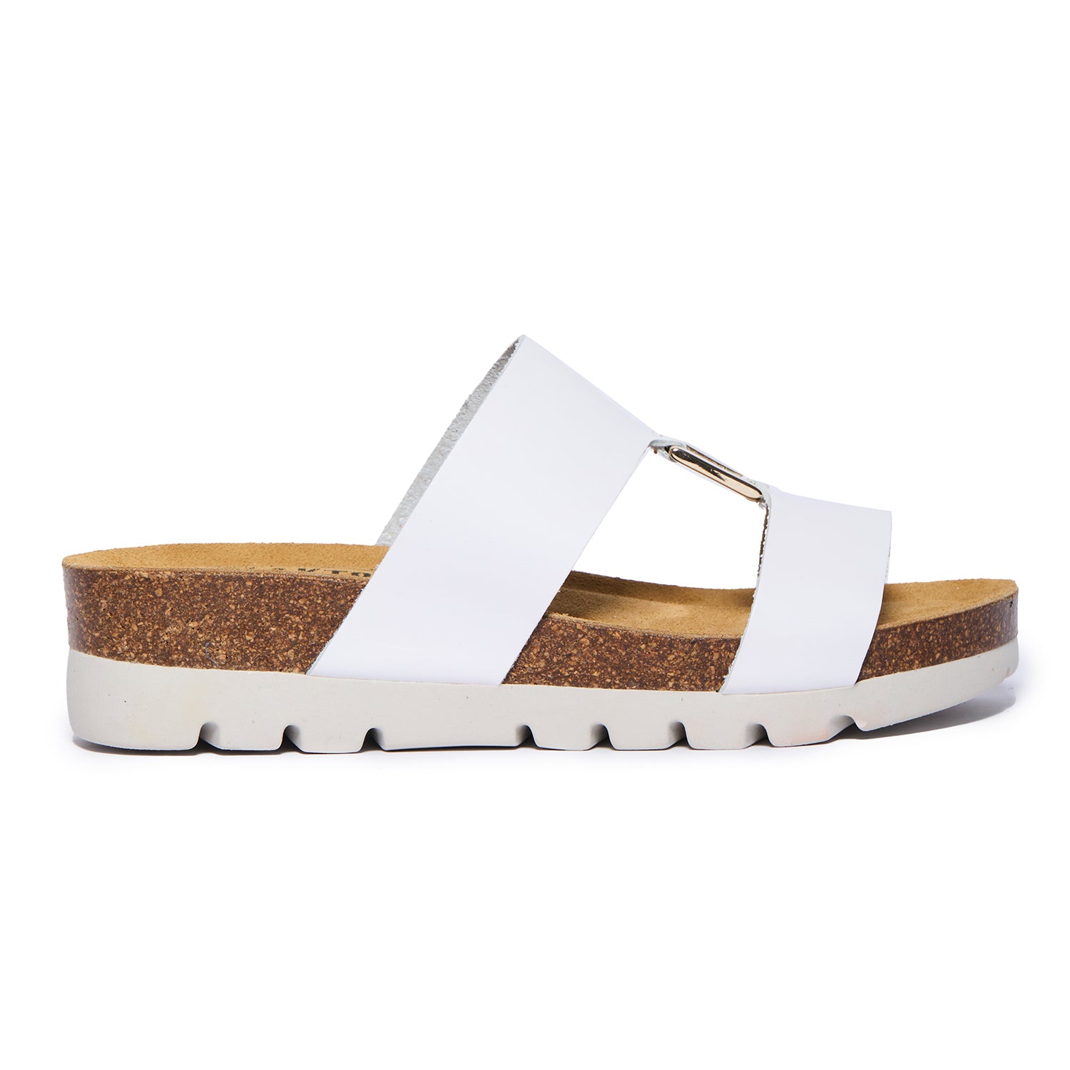 White Plakton Clarissa sandal with two wide leather straps connected by a gold metal detail, cork and Memory Foam footbed, and a white lightweight sole.