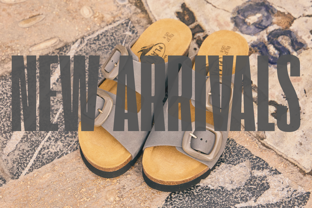 Plakton New Arrivals banner featuring two-strap cork footbed sandals handmade in Spain.