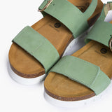 Close-up overhead shot of the Plakton Condor sandals in mint nubuck leather, highlighting the smooth matte texture of the straps and the contoured toe area of the platform cork footbed.
