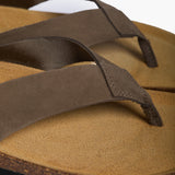Top-down view of the Khaki Acide thong sandals by Plakton, showcasing the smooth nubuck texture and the secure toe-post construction against the light brown cork surface.