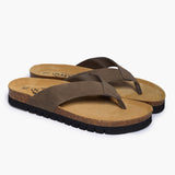 Side-view of the Khaki Acide thong sandal, featuring matte khaki nubuck leather straps, a thick sustainable cork midsole, and a black serrated rubber outsole for traction.