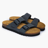 Pair of Plakton Barna two-strap sandals in grey featuring adjustable buckles, cork footbeds, and comfortable everyday design.
