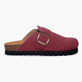 Garnet suede clog shoe with a buckle-up closure, adjustable strap, a flat cork insole and 15 mm heel height EVA outsole on a white background. Handmade in Spain