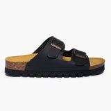 A side profile of the Beta sandal in Soft Black, showcasing the refined 15 mm (0.6 in) heel integrated into the anatomical Spanish cork midsole. The matte nubuck straps provide a velvety contrast against the organic cork grain, all supported by a slim, high-grip black outsole for a sophisticated, elevated silhouette.