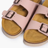 Looking directly down into the Beta footbeds, showcasing the natural width of the cork base and the prominent "Plakton Memory Cushion" branding on the tan suede. The buckled Salmon Nubuck straps frame the sculpted anatomical contours, illustrating a design that prioritizes the foot's natural alignment.