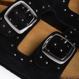 Macro detail of the Plakton CP Beta sandal straps, focusing on the high-quality black suede leather, the polished silver adjustable buckles, and the precision-placed silver studs.