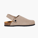 Taupe Gray suede clog with cork sole and adjustable back velcro strap, displayed on a white background.