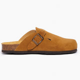A Dark Tan suede clog shoe with a buckle-up closure, adjustable strap a flat cork insole and EVA outsole. Handmade in Spain