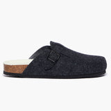 A coal wool felt slipper with a adjustable strap and a cork insole, on a white background. Handmade in Spain.