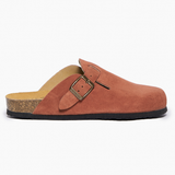 A Terracotta suede clog shoe with a buckle-up closure, adjustable strap a flat cork insole and EVA outsole.
