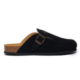 A Black suede clog shoe with a buckle-up closure, adjustable strap a flat cork insole and EVA outsole. Handmade in Spain