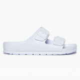 A white sandal with adjustable buckles, made for water use, positioned against a white background.