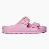 A pair of lilac-colored eva sandals with adjustable buckles and a flat sole.