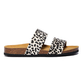 Plakton Sandal Leopard print slide sandal with a memory foam footbed on a white background 