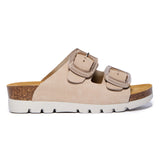 Taupe Plakton Calla sandal with two wide nubuck leather straps, oversized buckles, cork and Memory Foam footbed, and a white lightweight sole.