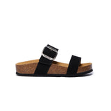Black Plakton CP Claire sandal with two suede straps, one featuring a large bronze buckle, cork and Memory Foam footbed, and a black lightweight sole.