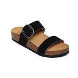 Black sandal with cork sole on a white background