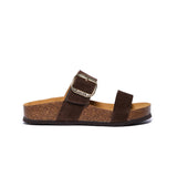 Brown Plakton CP Claire sandal with two suede straps, one featuring a large bronze buckle, cork and Memory Foam footbed, and a black lightweight sole.