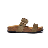 Soft Green Suede Plakton CP Claire sandal with two suede straps, one featuring a large bronze buckle, cork and Memory Foam footbed, and a black lightweight sole.